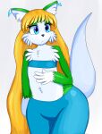  anthro blonde_hair blue_eyes cactuscacti female female_focus flat_chested fur green_body green_fur hair jewelry long_hair simple_background solo solo_focus tuft tufted_fur wide_hips 