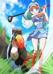  1girl ahoge aria_pkmn blurry breasts closed_mouth cloud commentary_request day frown golf_club grass green_hair grey_eyes highres holding holding_golf_club kahili_(pokemon) kneehighs knees long_hair orange_socks outdoors pokemon pokemon_(creature) pokemon_(game) pokemon_sm shirt shoes short_sleeves sky socks toucannon visor_cap 