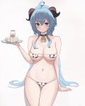  1girl absurdres ahoge animal_print ass_visible_through_thighs bangs bare_arms bare_shoulders bell belt_collar bikini blue_eyes blue_hair blush bottle breasts cleavage collar cow_print cowbell cowboy_shot crossed_bangs eyepatch_bikini frown ganyu_(genshin_impact) genshin_impact goat_horns gradient_eyes highres holding holding_tray horns large_breasts long_hair looking_at_viewer milk_bottle multicolored_eyes navel neck_bell purple_eyes raised_eyebrows sidelocks simple_background sitting skindentation solo stomach string_bikini swimsuit thigh_gap thighs tray very_long_hair vmf12345 white_background 
