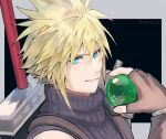  1boy armor black_background blonde_hair blue_eyes blue_shirt brown_gloves buster_sword cloud_strife final_fantasy final_fantasy_vii final_fantasy_vii_remake fingerless_gloves gloves hair_between_eyes looking_at_viewer male_focus materia parted_lips rei_(teponea121) shirt short_hair shoulder_armor sleeveless sleeveless_turtleneck smile solo spiked_hair suspenders turtleneck twitter_username upper_body weapon weapon_on_back 