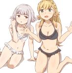  2girls bikini black_bikini blonde_hair bow braid breasts collarbone crown_braid feet_out_of_frame fire_emblem fire_emblem_heroes flat_chest kuhuku006f86 long_hair looking_at_another looking_at_viewer matching_outfit multiple_girls navel open_hands open_mouth sharena_(fire_emblem) short_hair_with_long_locks sitting small_breasts swimsuit thighs veronica_(fire_emblem) wariza white_background white_bikini white_hair 
