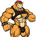  2022 abs absurd_res anthro armpit_hair barazoku beard biceps big_bulge big_muscles big_pecs body_hair bowser bracelet bulge clothed clothing darknaigart eyebrows facial_hair hair hi_res horn huge_muscles huge_thighs jewelry koopa looking_at_viewer male mario_bros muscular muscular_anthro muscular_male navel nintendo nipples non-mammal_nipples obliques pecs quads raised_clothing raised_shirt raised_tank_top raised_topwear scalie shirt simple_background smile solo spiked_bracelet spikes standing tank_top teeth thick_thighs thong topwear underwear video_games white_background 