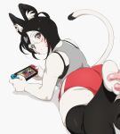  1girl absurdres animal_ears animal_hands ass ass_focus cat_ears from_behind furry furry_female glasses highres indie_virtual_youtuber kisa_niya marking_on_cheek nintendo_switch non-web_source plump round_eyewear self_upload shorts thighhighs tomatomagica virtual_youtuber 