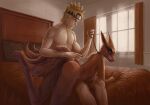  absurd_res anthro bed bedroom bent_over black_body black_fur bodily_fluids breasts brown_body brown_fur butt collar curtains detailed_background duo excessive_genital_fluids excessive_pussy_juice female fur furniture genital_fluids genitals hi_res holding_leash holding_object human human_on_anthro interspecies kadarts kurama leash male male/female mammal masochism medium_breasts multi_tail naruto naruto_uzumaki nude on_bed pillow puffed_cheeks pussy pussy_juice raised_foot sitting sitting_on_bed smile smirk spanking window 