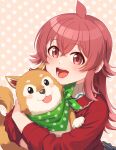  1girl :d ahoge animal bangs commentary dog holding holding_animal idolmaster idolmaster_shiny_colors kamille_(vcx68) komiya_kaho long_hair long_sleeves looking_at_viewer open_mouth pink_background polka_dot polka_dot_background red_eyes red_hair red_sweater smile solo sweater upper_body 