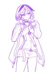  1girl absurdres bangs cevio choker ci_flower cowboy_shot flower_(vocaloid) hair_between_eyes hands_on_own_chest highres jacket lineart long_sleeves looking_at_viewer monochrome multicolored_hair purple_theme short_hair shorts solo split_mouth streaked_hair tachi_(bokarokazoku) vocaloid 