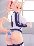 1girl :3 :q animal_ears ass bangs blonde_hair blush breasts cat_ears cat_girl cat_tail commentary cup english_commentary from_behind hair_ornament highres holding holding_cup jacket large_breasts long_hair long_sleeves looking_at_viewer looking_back nottytiffy original panties patreon_username ponytail red_eyes slit_pupils smile solo striped striped_panties tail thighhighs thighs tiffy_(nottytiffy) tongue tongue_out underwear white_thighhighs 