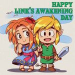  1boy 1girl blonde_hair blue_dress boots brown_eyes brown_hair chibi dress green_tunic jewelry link looking_at_viewer marin_(the_legend_of_zelda) martinwdoodles necklace pointy_ears sandals sidelocks smile sword the_legend_of_zelda the_legend_of_zelda:_link&#039;s_awakening weapon 