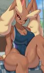  anthro brown_body clothed clothing female generation_4_pokemon hi_res looking_at_viewer lopunny nintendo pokemon pokemon_(species) red_eyes sitting solo swimwear thick_thighs tp10 video_games 