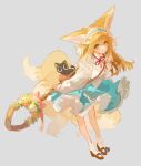  1girl animal_ears arknights black_cat blonde_hair blue_hairband blue_skirt brown_footwear cardigan cat fox_ears fox_girl fox_tail frilled_hairband frills full_body green_eyes grey_background hair_down hairband highres holding holding_staff kitsune leaning_forward long_hair long_sleeves looking_at_viewer luoxiaohei multicolored_hair multiple_tails neck_ribbon official_alternate_costume open_cardigan open_clothes red_ribbon ribbon satsuya shirt simple_background skirt socks solo staff standing streaked_hair suzuran_(arknights) tail the_legend_of_luo_xiaohei weapon_behind_back white_cardigan white_hair white_shirt white_socks 