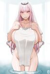  1girl bangs bathing blush breasts clenched_teeth collarbone groin handplug highres hololive hololive_english large_breasts long_hair looking_at_viewer mori_calliope naked_towel nude pink_eyes pink_hair red_eyes solo teeth thighs tiara towel veil virtual_youtuber wading water 