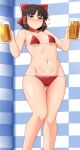  1girl absurdres alcohol ass_visible_through_thighs baketsuya beer beer_mug bikini blush breasts cameltoe covered_nipples cup hakurei_reimu highres looking_at_viewer looking_down mug ribbon small_breasts swimsuit touhou 