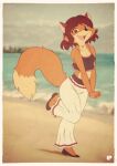  1girl absurdres animal_ears animal_nose artist_name bangle bangs bare_shoulders beach black_footwear blurry blurry_background body_fur border bracelet breasts brown_eyes brown_hair cleavage clenched_hands cloud collarbone commentary crop_top day english_commentary fangs fox-pop_vli fox_ears fox_girl fox_tail full_body furry furry_female happy heart heart_necklace highres jewelry leg_up looking_at_viewer midriff necklace non-web_source ocean open_mouth orange_fur original outdoors own_hands_together pants parted_bangs pink_trim purple_shirt sand shirt shoes short_hair sidelocks sky sleeveless sleeveless_shirt small_breasts smile snout solo spaghetti_strap standing standing_on_one_leg tail two-tone_fur v_arms water watermark white_border white_pants yellow_fur 