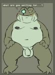  2022 amphibia_(series) amphibian anthro balls belly captain_grime disney english_text flaccid frog genitals green_body male moobs navel nipples overweight overweight_male penis scar smut_leo solo text 