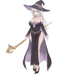  1girl black_dress breasts collarbone covered_navel dress haoni hat high_heels highres holding holding_staff large_breasts long_hair original pelvic_curtain red_eyes ribbon solo staff white_hair white_ribbon witch witch_hat 