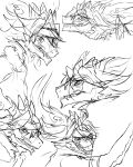  angry anthro armordragon asian_mythology black_and_white bushiroad dragon east_asian_mythology eastern_dragon fangs fire_sword_doble future_card_buddyfight headgear hi_res horn looking_at_another looking_at_viewer male monochrome mythology raised_arm scalie sketch sketch_page smile smirk solo 
