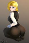  1girl absurdres android android_18 artist_name ass black_panties black_pantyhose blonde_hair blue_eyes blush dragon_ball dragon_ball_z english_commentary feet forehead full_body gradient gradient_background grin hair_behind_ear hammerofsolace highres long_sleeves looking_at_viewer looking_back open_mouth panties pantyhose see-through seiza shirt short_hair simple_background sitting sleeveless smile solo teeth thighs toes underwear v-shaped_eyebrows white_shirt white_sleeves 