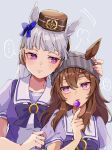  ... 2girls =3 ? animal_ears bangs beanie bow bowtie breasts candy closed_mouth eyebrows_visible_through_ear food gold_ship_(umamusume) grey_hair hand_on_another&#039;s_head hat highres holding holding_candy holding_food holding_lollipop horse_ears lollipop long_hair looking_at_another medium_breasts multiple_girls nakayama_festa_(umamusume) oage_(su4i7ri_u) open_mouth puffy_sleeves purple_eyes purple_shirt sailor_collar school_uniform shirt shirt_tug spoken_ellipsis spoken_question_mark tracen_school_uniform umamusume upper_body 