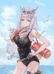  1girl absurdres animal_ears arm_tattoo black_one-piece_swimsuit breasts casual_one-piece_swimsuit cleavage cloud cowboy_shot eyewear_on_head gold_ship_(run_revolt_launcher)_(umamusume) gold_ship_(umamusume) grey_hair hand_on_hip highres holster horizon horse_ears jewelry long_hair looking_at_viewer necklace one-piece_swimsuit open_mouth outdoors photoshop_(medium) pink_eyes rokojii solo sunglasses swimsuit tattoo thigh_holster umamusume water water_drop water_gun wristband 