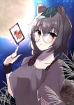  1girl ability_card_(touhou) animal_ears aoko_(myut7287) bangs breasts brown_eyes brown_hair brown_shirt card closed_mouth full_moon futatsuiwa_mamizou glasses highres holding holding_card large_breasts leaf leaf_on_head looking_at_viewer moon night night_sky one-hour_drawing_challenge outdoors raccoon_ears raccoon_girl raccoon_tail shirt short_hair short_sleeves sky smile solo tail touhou 