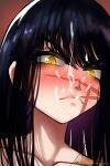  1girl absurdres annoyed bad_source bangs black_hair chainsaw_man collarbone cum cum_on_hair facial hetero highres lips long_hair looking_at_viewer madaotheory mitaka_asa ringed_eyes scar scar_on_cheek scar_on_face self_upload simple_background solo solo_focus yellow_eyes yoru_(chainsaw_man) 