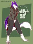  3:4 absurd_res anthro barefoot breasts clothed clothing feet female foxhole fur hi_res military multicolored_body multicolored_fur purple_body purple_eyes purple_fur sergal signature solo the_man video_games 