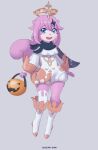  2022 anthro blue_eyes bottomwear clothing female hi_res jack-o&#039;-lantern mr-shin open_mouth simple_background solo topwear 