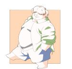  2022 anthro belly big_belly bottomwear clothing domestic_pig hair hair_over_eyes hi_res inunoshippo kemono male mammal overweight overweight_male shirt shorts simple_background solo suid suina sus_(pig) topwear 