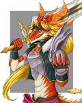  abs anthro armor armordragon asian_mythology blonde_hair blue_eyes breastplate bushiroad claws clothing dragon east_asian_mythology eastern_dragon fangs fire_sword_doble future_card_buddyfight hair headgear headwear hi_res horn long_hair looking_at_viewer male melee_weapon mythology nuree_art orange_body pinup pose scalie shirt simple_background smile smirk solo sword tail_motion tailwag tan_body topwear weapon weapon_on_shoulder 