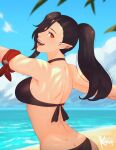 1girl armband beach bikini black_bikini black_hair blurry blurry_background breasts day earrings elezen elf english_commentary final_fantasy final_fantasy_xiv from_behind hair_between_eyes highres hilda_ware hybrid hyur jewelry koyorin large_breasts long_hair looking_at_viewer open_mouth outdoors pointy_ears ponytail red_eyes solo swimsuit 