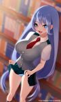  1girl blue_eyes boku_no_hero_academia breasts clothes_lift commentary full_body hadou_nejire highres large_breasts long_hair looking_at_viewer open_mouth panties skirt skirt_lift standing striped striped_panties tofuubear underwear very_long_hair white_panties 
