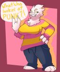  anthro blue_clothing breasts chest_tuft chip_at_night claws cleavage clothed clothing english_text eyelashes female fur hair mammal one_eye_closed paws pink_body pink_clothing pink_fur pink_hair solo teeth text tuft yellow_clothing yellow_eyes 