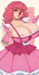  1girl ace_attorney areola_slip blush breasts choker cleavage clown clown_nose dress geiru_toneido gloves heart highres huge_breasts makeup phoenix_wright:_ace_attorney_-_spirit_of_justice pink_dress pink_hair short_dress short_hair smile solo spookiebuni sweat thick_lips 