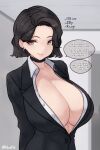  1girl black_choker black_hair black_jacket blazer bluefield blurry blurry_background breasts choker cleavage closed_mouth collared_shirt earrings english_text grey_eyes highres huge_breasts jacket jewelry looking_at_viewer office_lady original shirt short_hair smile solo speech_bubble upper_body white_shirt 