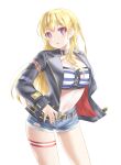  1girl bandeau bang_dream! bangs belt black_belt black_choker blonde_hair blush breasts chain choker cleavage commentary_request commission cosplay cowboy_shot cutoffs denim denim_shorts gold_chain gold_city_(umamusume) gold_city_(umamusume)_(cosplay) hair_between_eyes half_updo highres jacket leather leather_jacket long_hair long_sleeves looking_at_viewer medium_breasts midriff multicolored_nails navel open_clothes open_jacket open_mouth pixiv_request purple_eyes purple_nails red_nails shirasagi_chisato short_shorts shorts sidelocks simple_background solo standing striped_bandeau thigh_strap totoshion umamusume white_background 