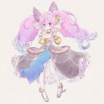  1girl bangs bell belt big_hair black_footwear blue_hair cleo_(dragalia_lost) detached_sleeves dragalia_lost full_body hair_bell hair_ornament highres holding holding_wand long_hair looking_at_viewer multicolored_hair pink_eyes pink_hair solo thighhighs twintails very_long_hair wand youkaishain 