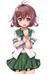  1girl absurdres brown_hair cowboy_shot green_sailor_collar green_skirt highres kantai_collection looking_at_viewer mutsuki_(kancolle) navel open_mouth pleated_skirt red_eyes round_teeth sailor_collar school_uniform serafuku short_hair skirt solo standing teeth thigh_gap upper_teeth white_background yashin_(yasinz) 