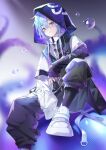  1boy absurdres arknights bangs black_jacket black_pants blue_hoodie closed_mouth highres hood hoodie jacket long_sleeves looking_at_viewer male_focus medium_hair mizuki_(arknights) pants purple_eyes shoes short_hair sitting smile sneakers solo vuvkhkgi 