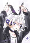  1girl arms_up artist_name black_choker black_hair black_jacket cevio choker ci_flower closed_mouth colored_tips emu_(marico_w) flower_(vocaloid) grey_hair hair_between_eyes halftone highres holding holding_hair jacket light_smile long_sleeves multicolored_hair orange_hair purple_eyes rabbit signature simple_background solo speech_bubble spoken_animal streaked_hair twitter_username upper_body vocaloid 