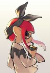  1girl bandana black_bandana black_eyes cup drink drinking_straw drinking_straw_in_mouth from_side gradient gradient_background highres holding holding_cup inari1369 inkling inkling_girl long_hair long_sleeves red_hair solo splatoon_(series) tentacle_hair 