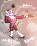  absurd_res anthro cannon_ball clothing coat cocaine_(artist) dr._livesey equid equine explosion gun handgun hi_res male mammal parody pistol ranged_weapon ring_king saber smile smoke solo topwear weapon zebra 