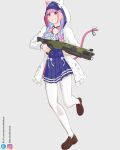  1girl absurdres animal_ear_fluff animal_ears apex_legends bow braid cat_ears cat_tail dress gun hat highres hololive long_hair looking_at_viewer mastiff minato_aqua non-web_source pantyhose purple_eyes purple_hair running self_upload shoes shotgun skirt smile source_request standing standing_on_one_leg tacticaldorkcat tail twin_braids virtual_youtuber watermark weapon web_address white_pantyhose 