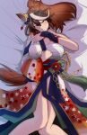  1girl animal_ears back_bow bare_shoulders bow breasts brown_hair chest_sarashi chrysanthemum ear_ornament flower gloves highres horse_ears horse_girl icekingyo japanese_clothes kimono large_breasts leaf_print long_hair looking_at_viewer multicolored_hair official_alternate_costume on_bed sarashi single_glove solo streaked_hair symboli_rudolf_(archer_of_the_white_moon)_(umamusume) symboli_rudolf_(umamusume) the_sounds_of_autumn_(umamusume) umamusume yukata 