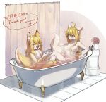  2girls ahoge animal_ear_fluff animal_ears animal_hands artist_name bathroom bathtub blonde_hair body_fur brown_fur closed_mouth commission completely_nude crossed_legs elbow_rest fox_ears fox_girl fox_tail full_body furry furry_female hair_between_eyes hair_censor hands_up indoors knees_up long_hair looking_at_another mullmull02 multiple_girls neck_fur nude original red_eyes shower_curtain sidelocks sitting skeb_commission smile tail twitter_username water yellow_fur 