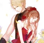  1boy 1girl absurdres aerith_gainsborough aqua_eyes arm_around_waist bangs bare_arms blonde_hair breasts cleavage cloud_strife dress falling_petals final_fantasy final_fantasy_vii final_fantasy_vii_remake flamenco_dress flower gloves green_eyes hair_between_eyes hair_flower hair_ornament hair_ribbon hand_to_own_mouth highres long_hair medium_breasts multiple_necklaces official_alternate_costume parted_bangs parted_lips petals ponytail red_dress red_flower red_ribbon ribbon ringlets short_hair sidelocks sleeveless sleeveless_turtleneck smile spiked_hair strapless strapless_dress suspenders turtleneck upper_body wavy_hair white_background yaoko yellow_flower 