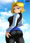  1girl \||/ absurdres android android_18 arm_behind_back artist_name ass black_pants blonde_hair blue_eyes blue_skirt closed_mouth clothes_lift cloud cowboy_shot dragon_ball dragon_ball_z earrings forehead frown hair_behind_ear hammerofsolace hand_on_hip highres jewelry long_sleeves looking_at_viewer looking_back outdoors pants shadow shiny shiny_hair shirt short_hair skirt skirt_lift sky sleeveless solo thighs v-shaped_eyebrows white_shirt white_sleeves 