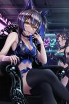  2girls absurdres animal_ears aqua_eyes bandeau bangs bare_shoulders belt black_bandeau black_choker black_gloves black_shorts black_skirt black_thighhighs blue_hair blue_nails blush bracelet breasts brown_belt brown_hair chair choker cleavage collarbone commentary_request crossed_legs cup daitaku_helios_(devil_in_the_moonlight)_(umamusume) daitaku_helios_(umamusume) days_in_a_flash_(umamusume) demon_horns demon_wings ear_covers ear_ornament elbow_gloves facial_mark fake_wings fangs fangs_out frilled_skirt frills fur_armlet gloves groin hair_between_eyes hair_ornament halloween_costume hand_up highres holding holding_cup horns horse_ears horse_girl indoors jewelry large_breasts long_hair looking_at_viewer low_wings medium_breasts mejiro_palmer_(devil_in_the_moonlight)_(umamusume) mejiro_palmer_(umamusume) midriff mu-to multicolored_hair multicolored_nails multiple_girls navel official_alternate_costume open_mouth ponytail purple_nails shorts sidelocks single_elbow_glove sitting skirt smile standing star_(symbol) star_choker streaked_hair thighhighs tongue tongue_out two-tone_hair umamusume underbust white_hair wings yellow_eyes zettai_ryouiki 