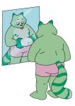  4_fingers anthro bent_arm bottomwear clothing digital_media_(artwork) fingers fred_(fredrick_brennan) fur green_body green_fur hi_res looking_down male mammal mirror mirror_reflection navel nipples pocketfurry procyonid raccoon reflection shorts slightly_chubby solo standing tongue tongue_out 