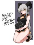  1girl absurdres animal_ears bare_arms bare_shoulders black_dress black_footwear breasts china_dress chinese_clothes cleavage cleavage_cutout closed_mouth clothing_cutout commentary dress english_commentary full_body grey_background grey_hair highres horizontal_pupils horns kneeling long_hair looking_at_viewer medium_breasts min_lona original outline shoes short_eyebrows sleeveless sleeveless_dress smile solo thick_eyebrows tourbox two-tone_background very_long_hair white_background white_outline yellow_eyes 