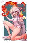  1girl barefoot bow burning carte character_name fire flame fujiwara_no_mokou hair_bow highres kneeling long_hair looking_at_viewer no_pants pyrokinesis red_eyes shirt solo star-shaped_pupils star_(symbol) symbol-shaped_pupils touhou underwear very_long_hair white_shirt 